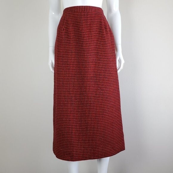 Vintage 80's Brooks Brothers Red Houndstooth Wool Skirt - Picture 1 of 8